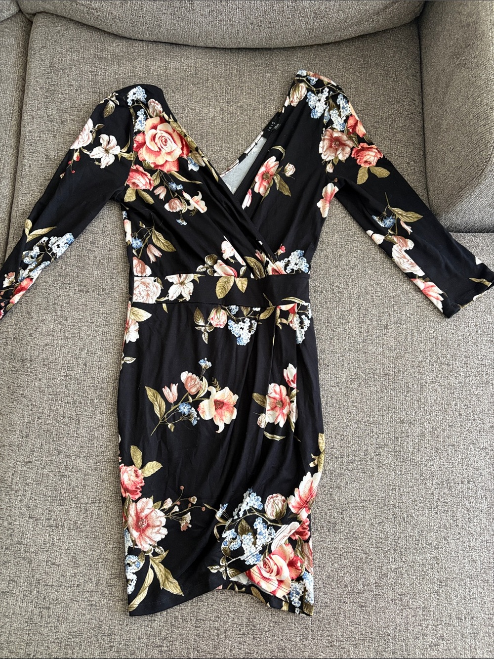 iris Black Long-Sleeve Floral Wrap Dress with Pink Roses
